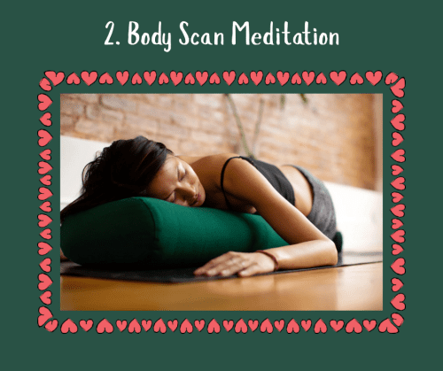 Woman laying on a green pillow performing a body scan mindfulness technique. 