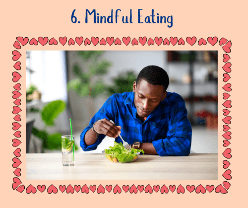 Man in a blue shirt eating a salad as part of a mindful eating technique. 