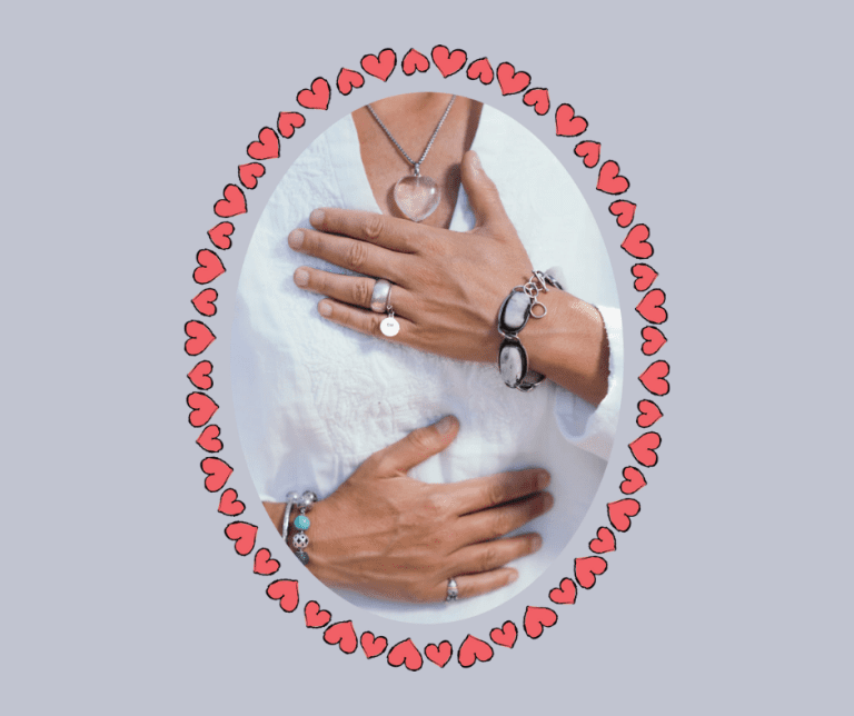 Woman placing her hands on her heart and stomach as part of a mindfulness technique for managing divorce stress.