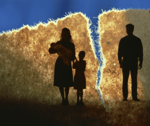 Silhouettes of man and woman with small children on parchment being torn apart. 