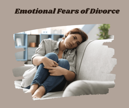 Woman sitting on couch alone looking lonely under title "Emotional Fears of Divorce"