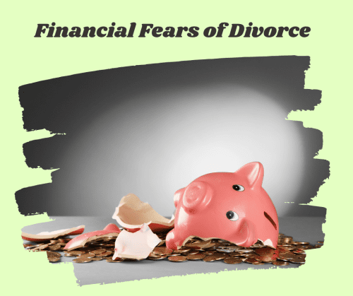 Broken piggy bank under title "Financial Fears of Divorce"
