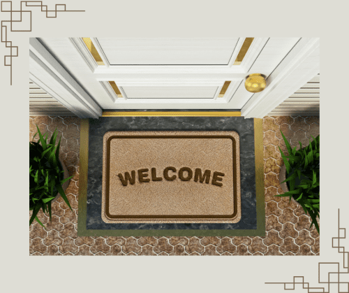 Camera angle down on a welcome mat in front of a white door of a house. 