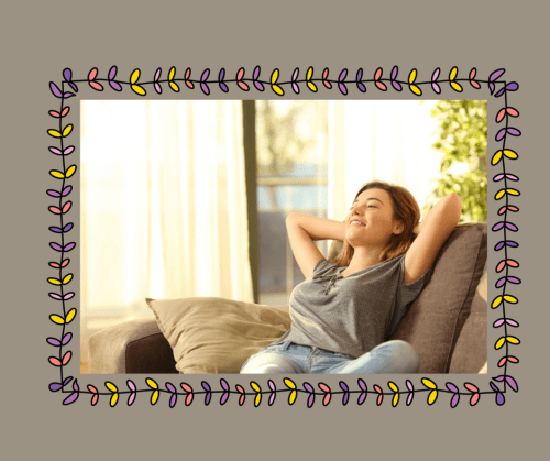 Young woman relaxing at home on the couch on a brown background with colorful frame.