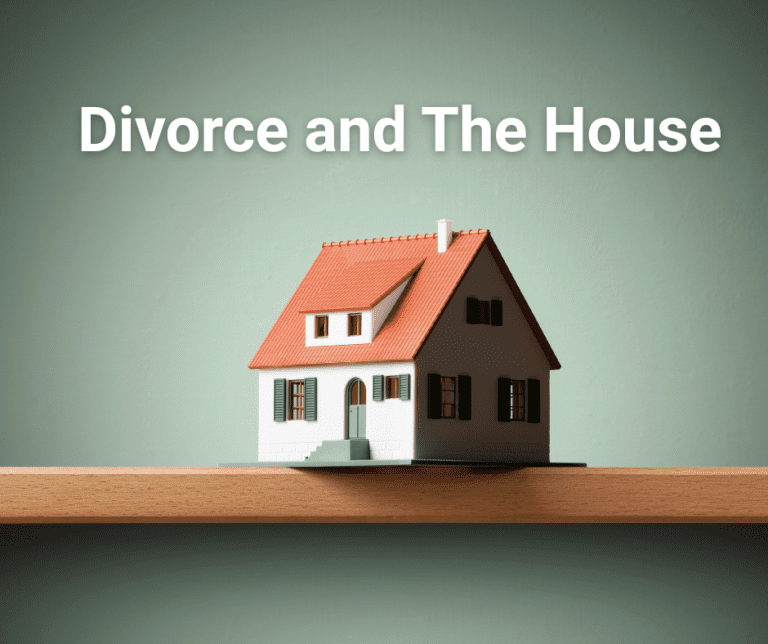 small toy house perched on a wooden shelve against a green background with caption "Divorce and the house"