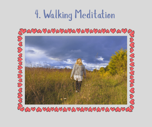 Woman walking through green field on a sunny day as part of a walk meditation mindfulness technique. 